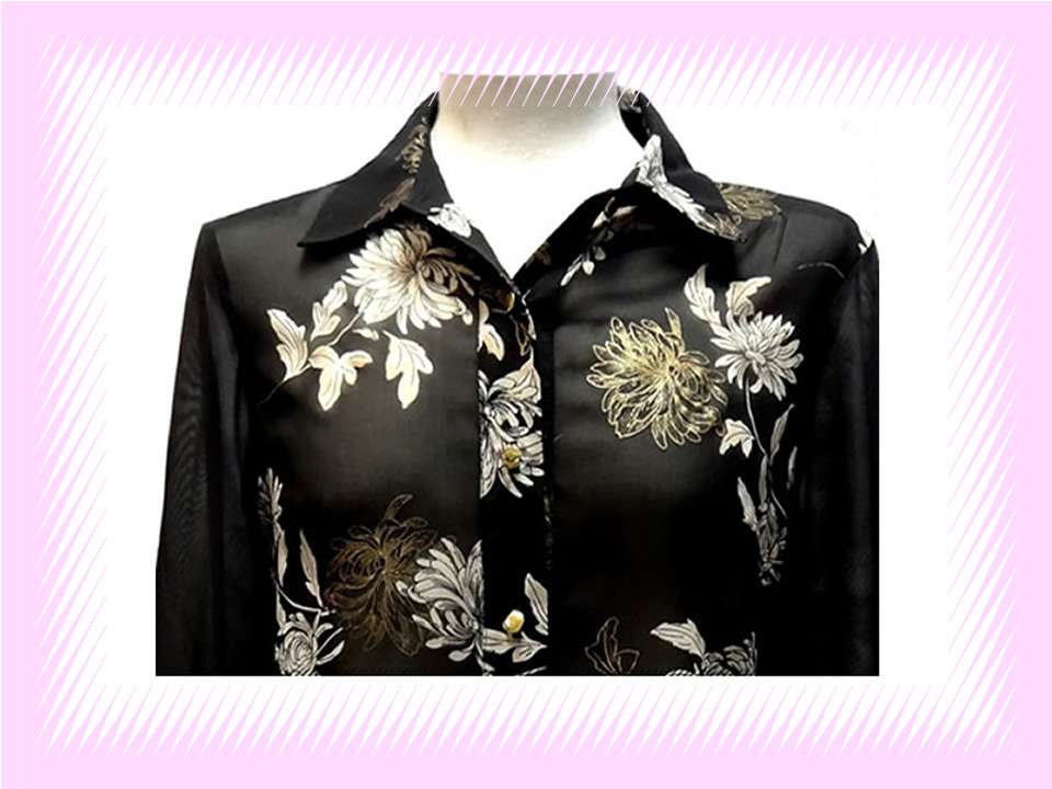 Metallic Coupe Gold Colour Flower Print Black Chiffon Shirt - Image 2