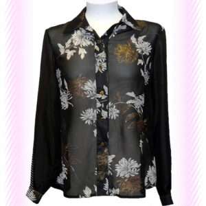 Metallic Coupe Gold Colour Flower Print Black Chiffon Shirt