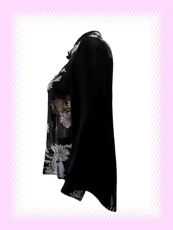 Metallic Coupe Gold Colour Flower Print Black Chiffon Shirt - Image 5