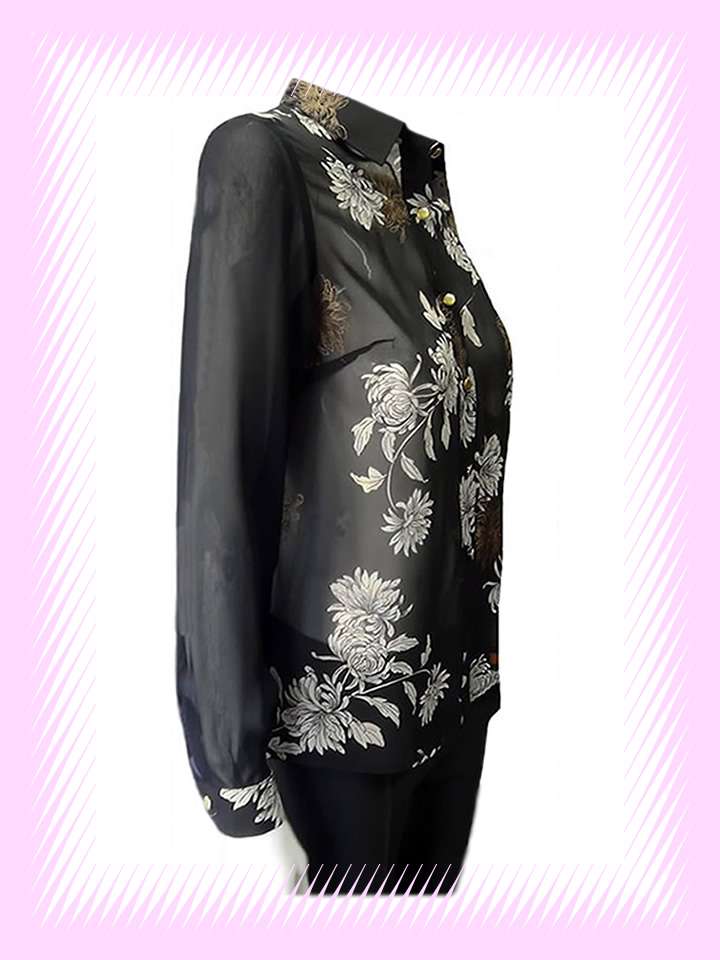 Metallic Coupe Gold Colour Flower Print Black Chiffon Shirt - Image 6