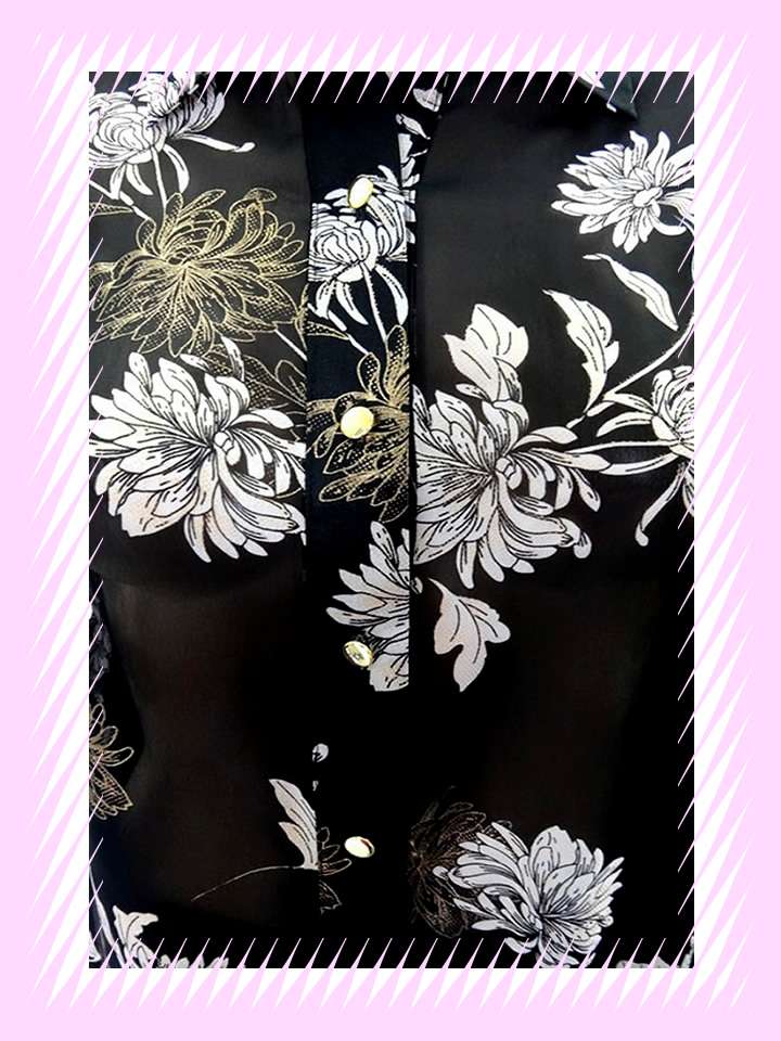 Metallic Coupe Gold Colour Flower Print Black Chiffon Shirt - Image 8