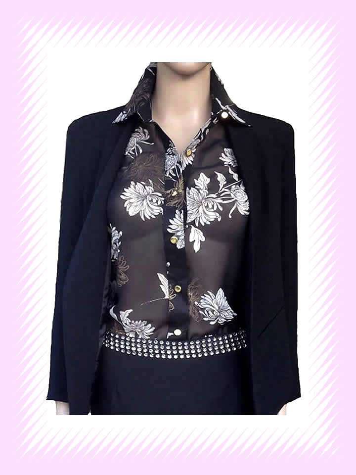 Metallic Coupe Gold Colour Flower Print Black Chiffon Shirt - Image 9
